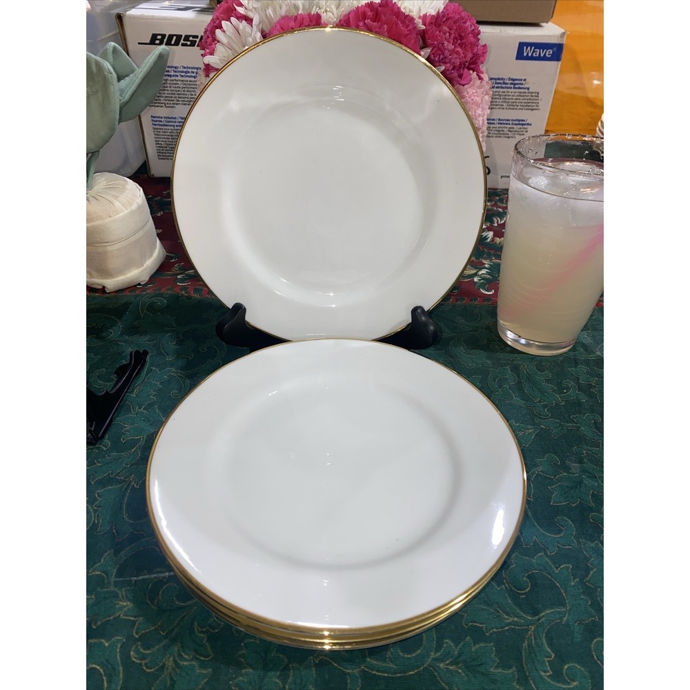 Pottery Barn "WHITE /‎ GOLD" Porcelain ~ Set of 4 ~ Salad/ Dessert Plates 7 1/2"
